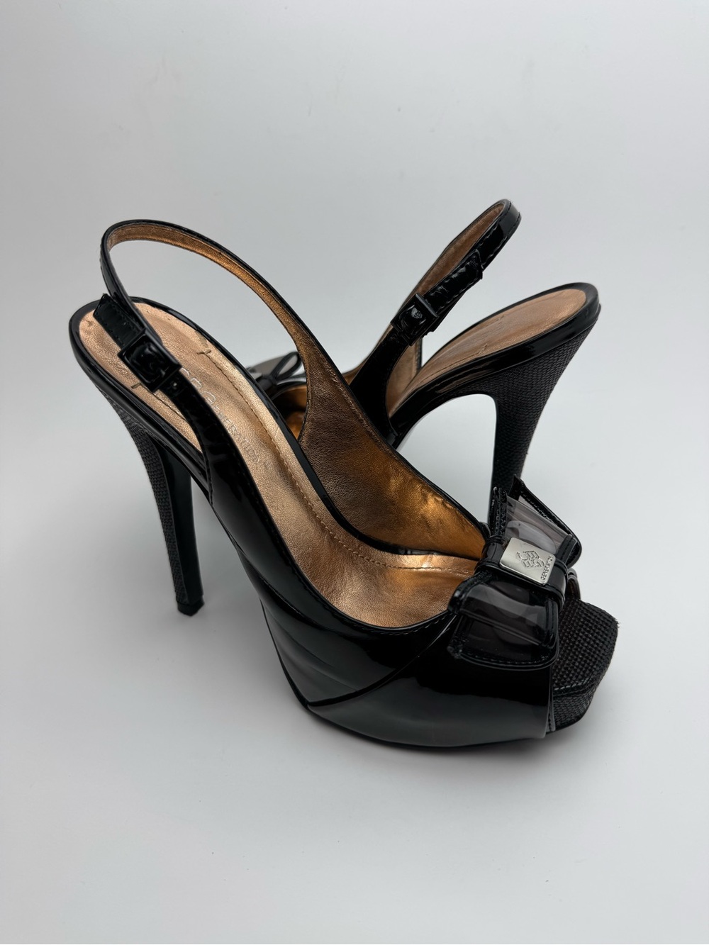 BCBGeneration Angelo Black Peep Toe Platform Slingback Stilettos Size 6